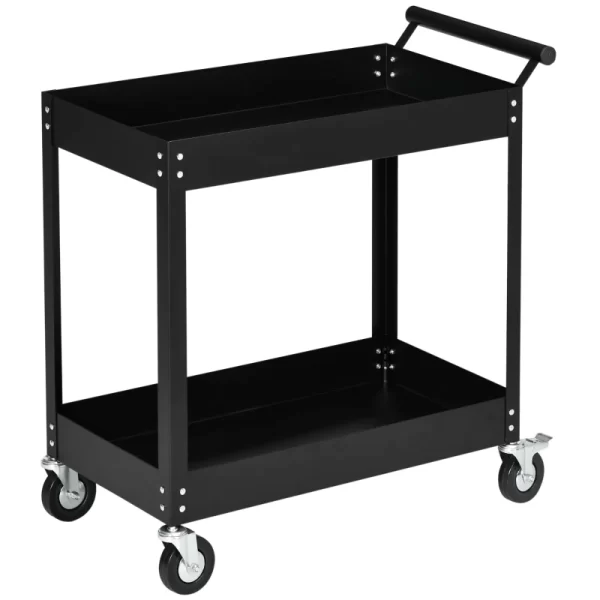Carrello Workstation a 2 Ripiani in Acciaio Nero