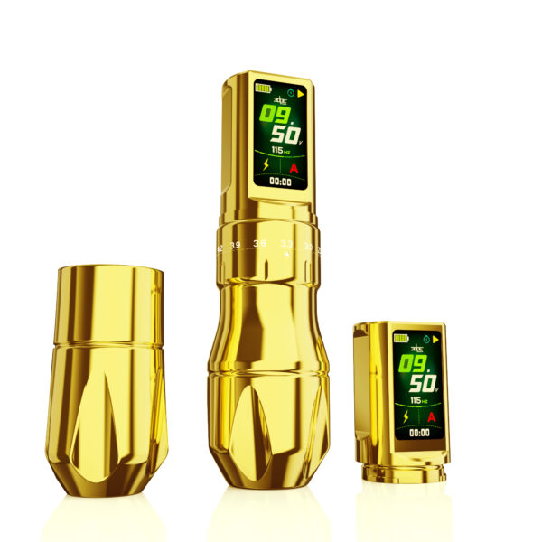 macchina da tatuaggio con rappresentazione del contenuto della scatola ovvero 2 grip 1 batteria supplementare